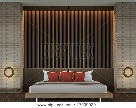 Modern elegant contemporary bedroom 3d rendering image. Decorated wall with wood lattice and brick pattern