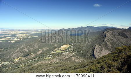 Rocks and mountains in background at Boroka lookout near Halls Gap in Grampians National Park. Lake Bellfield in the Grampians National Park Victoria Australia.