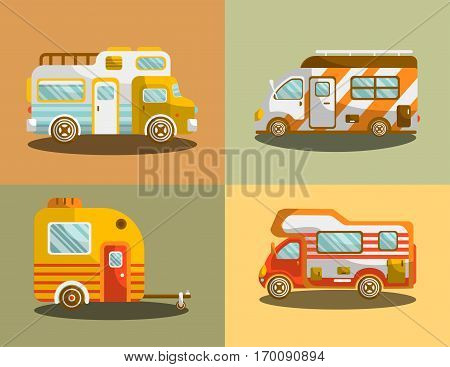 Camping bus or camper van motorhome car or vehicle types. Holiday trip mobile accommodation of vintage or modern caravanette coach. Vector illustration of recreation or family camp travel or tourism