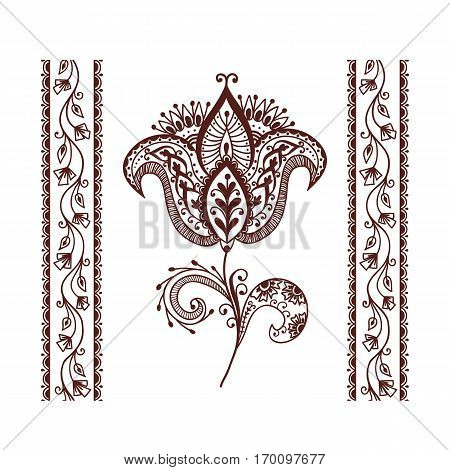 Henna tattoo mehndi flower template vector. Doodle ornamental lace decorative element. Indian design pattern paisley arabesque mhendi embellishment.
