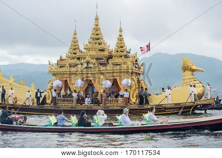 INLE-LAKE, MYANMAR - OCT 06 2014: The festival of Phaung Daw Oo Pagoda at Inle Lake in October 2014.