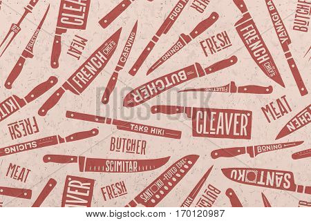 Seamless pattern and background of Meat and Fish cutting knives. Creative graphic pattern with hand drawn illustrations for butcher shop, farmer market. Vintage typographic. Vector illustration