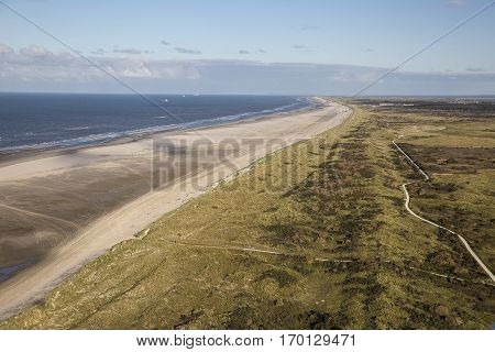 Aerial coastal view of the shore of Ameland Frisian Island The Netherlands