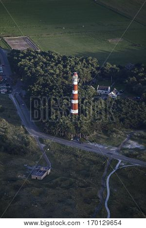 Aerial view of the Ameland Lighthouse known as Bornrif is a lighthouse on the Dutch island Ameland one of the Frisian Islands on the edge of the North Sea The Netherlands