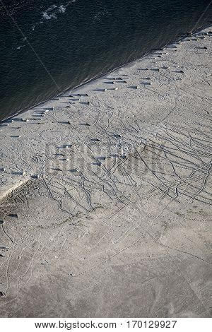 Aerial view of Robbeneiland beach with its colony of sea lions Ameland Frisian island The NetherlandsAerial view of Robbeneiland beach with its colony of sea lions Ameland Frisian island The Netherlands