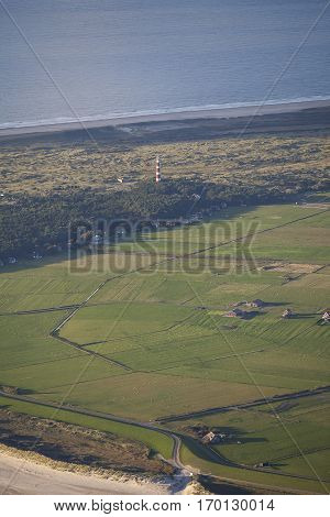 Aerial view of Ameland with its Lighthouse known as Bornrif is a lighthouse on the Dutch island Ameland one of the Frisian Islands on the edge of the North Sea The Netherlands