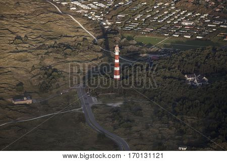 Aerial view of the Ameland Lighthouse known as Bornrif is a lighthouse on the Dutch island Ameland one of the Frisian Islands on the edge of the North Sea The Netherlands