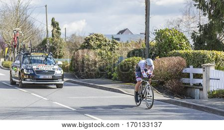 Conflans-Sainte-HonorineFrance-March 62016: The Belgian cyclist Edward Theuns of Trek-Segafredo Team riding during the prologue stage of Paris-Nice 2016.