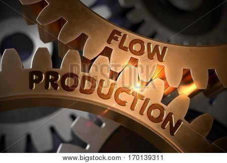 Flow Production Golden Cogwheels. Flow Production on the Mechanism of Golden Cogwheels. 3D Rendering.