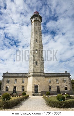 view from the ground of the 1854 Grand Phare des Baleines lighthouse Ile de Re France.