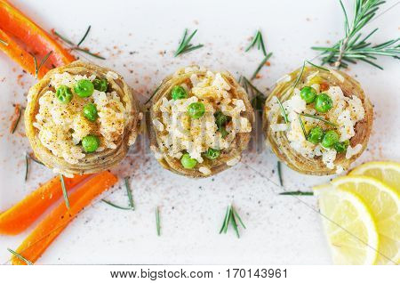 Cooked Artichokes  With Rice, Green Peas, Carrot And Olive Oil. Turkish Dish - Zeytinyağlı Enginar.