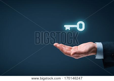 Businessman (consultant, coach, leader, customer service, CEO or another business person) offer key to success or solution. Turnkey solution and services concept.
