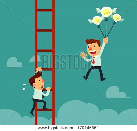 Happy businessman holding idea bulbs as balloons flying pass another businessman climbing a ladder. Business competition concept.