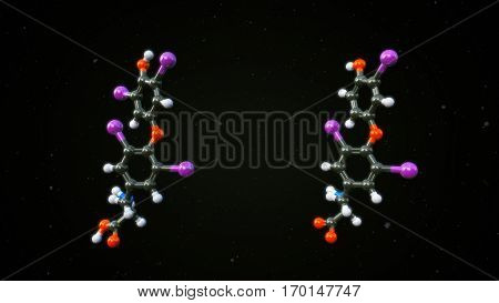 The two most important hormones are tetraiodothyronine (thyroxine or T4) and triiodothyronine (T3). 3D