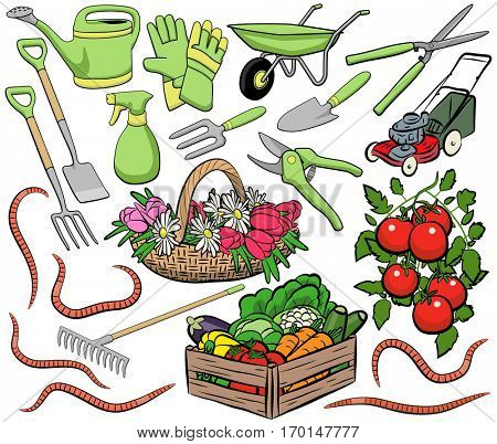 Set of vector gardening clip art including tools, produce and worms