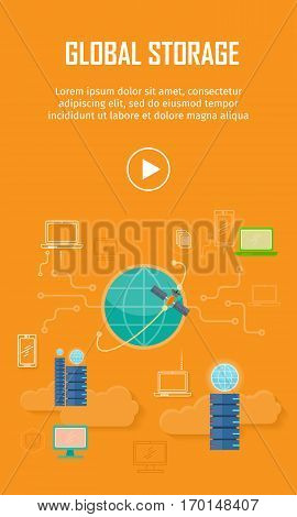 Global storage video web banner in flat style. Cloud information saving. Servers, globe, satellite, computer networks icons. Illustration for video presentation or corporate ad animation clip