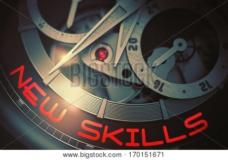New Skills - Black and White Close-Up of Wristwatch Mechanism. Luxury Watch Machinery Macro Detail with Inscription New Skills. Business and Work Concept with Glow Effect and Lens Flare. 3D Rendering.