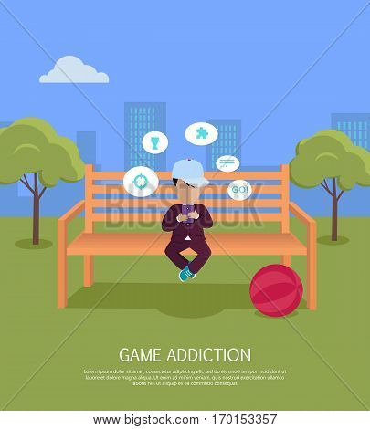 Game addiction banner. Boy whis smartphone sitting on wooden bench in the park. Boy with dialog window. Boy using tablet. Urban cityscape with boy, park, bench, trees, blue sky and white clouds