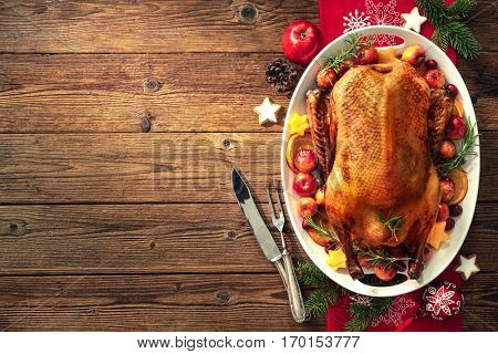 Christmas roast duck served on a festive table