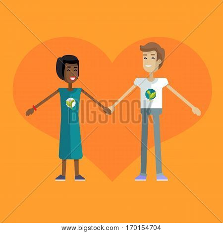Smiling man and woman with branch and leaves emblem on clothes, standing and holding hands. Ecologist, environmentalist, nature protection activist or volunteer illustration. Flat design. Earth day.