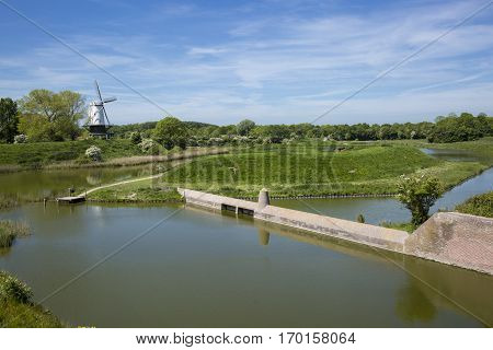 Typical Dutch spring landscape with a canal and a windmill, Molen de Koe, Veere, The Netherlands