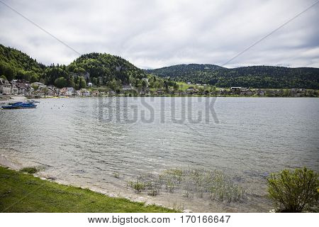 View on Joux lake -lac de Joux and the Jura mountains Le Pont Switzerland