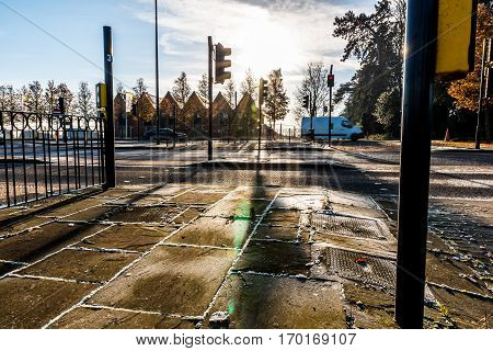 Morning View of frozen UK Road Crossing.