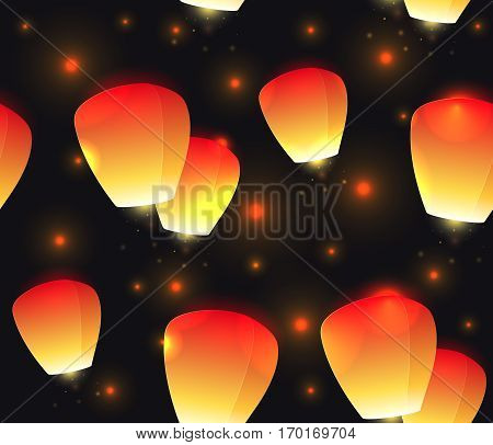 Seamless festive texture sky lanterns and sparks. Vector pattern for your creativity