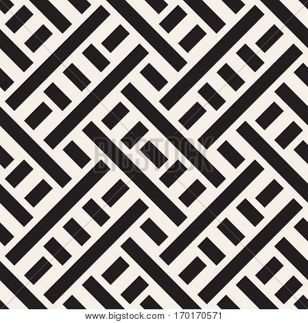 Interlacing Lines Maze Lattice. Ethnic Monochrome Texture. Abstract Geometric Background Design. Vector Seamless Black and White Pattern.