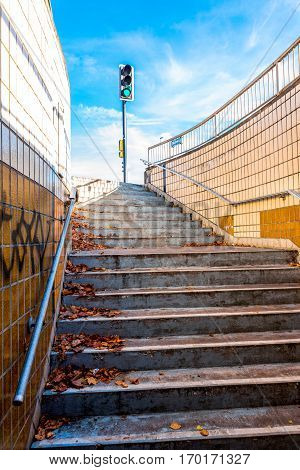 Authentic Urban Staircase In Underground Passage With Exit To Traffic Lights In England