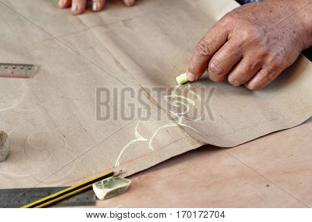 Folk Artisan Draw Lines For Being Original Carved Wood.