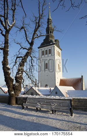 St. Nicholas' Church Spire viewed from the park with snow and a dead tree,Tallinn Estonia