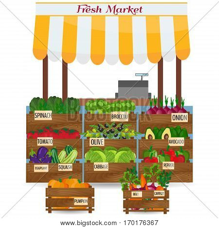 Local vegetable stall. Fresh organic food products shop on shelves. Local market farmer selling vegetables produce on his stall with awning. promote healthy eating concept. Food market.