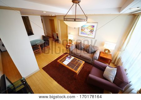 SEOUL - NOV 2, 2015: Room with sofa, tables in hotel Fraser Insadong