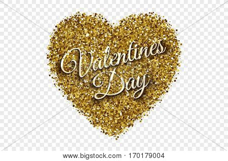 Valentine's Day Illustration. Golden Shiny Tinsel Square Particles Abstract Vector Heart with 3d Text on Transparent Background. Celebration, holidays and party design element