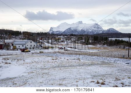 Norwegian landscape with snowy mountains in the winter Nordland Norway