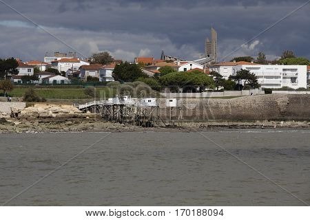 View of the coastline with seaside resort of Royan with grey tourmented sky France