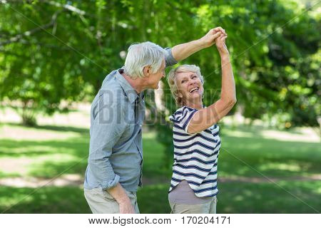 Senior couple dancing in park