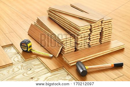 Stack of parquet. Timberwork lumber work and woodwork industry concept: stacks of wooden timber planks on the wooden floor. 3d illustration
