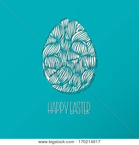 Greeting Easter Card With Egg With Wave Pattern. Cute Doodle Style Easter Egg Like Paper With Shadow