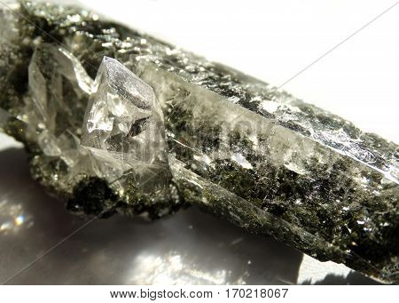 natural quartz semigem with chlorite geode crystals geological mineral isolated