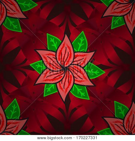 Seamless Pattern With Red Grdient Petals Flowers On Black Background. Vector Illustration. Radial Gr