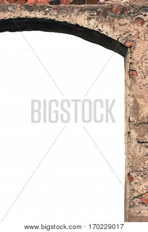 Barn gate door arch frame stone wall closeup vertical isolated copy space plastered grunge red brick stonewall old aged beige lime plaster texture grungy textured vintage rough rustic bricks brickwork