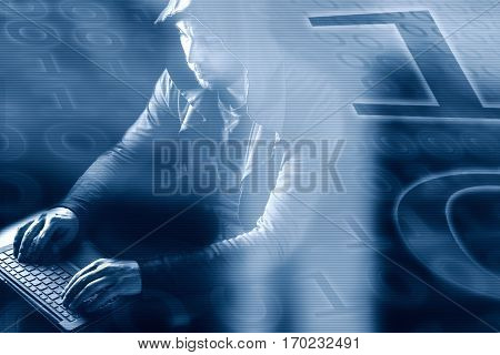Internet crime concept. Hacker on dark digital background