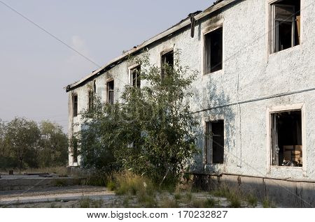 Burnеd light blue two-storeyed building with green trees. After fire