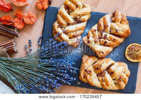 marple and pecan plait pastry sweet food breakfast with lavender flower