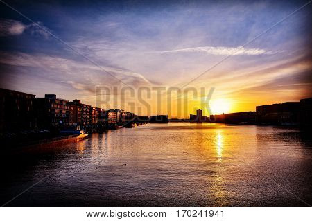 Sunrise in Amsterdam. Early in the morning. Beautiful light.