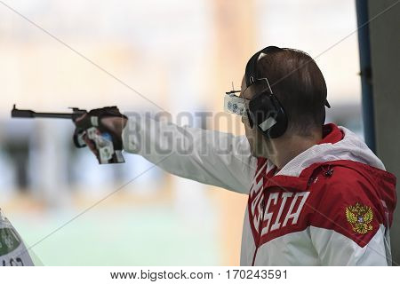 Rio Brazil - august 10 2016: GONTCHAROV Vladimir (RUS) during shooting 50m Pistol Men Shooting at Olympic Games 2016 in Olympic Shooting Centre Deodoro