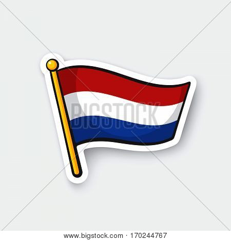 Vector illustration. Flag of the Netherlands on flagstaff. Location symbol for travelers. Cartoon sticker with contour. Decoration for greeting cards posters patches prints for clothes emblems