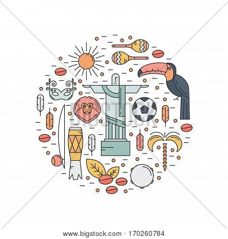 Vector illustration with colorful Brazil symbols in trendy linear style made in a shape of circle. Travel to Brazil concept